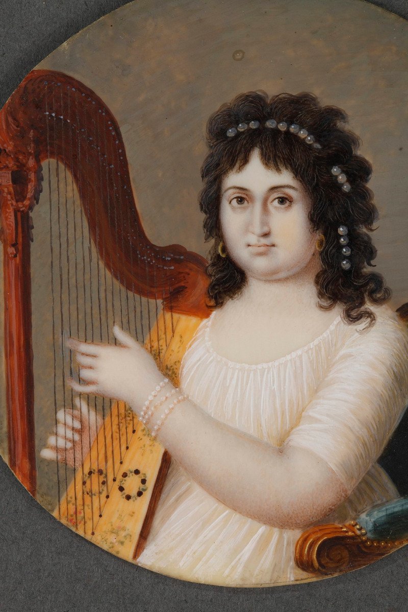 Miniature On Ivory "the Harpist". Circa 1800. -photo-4