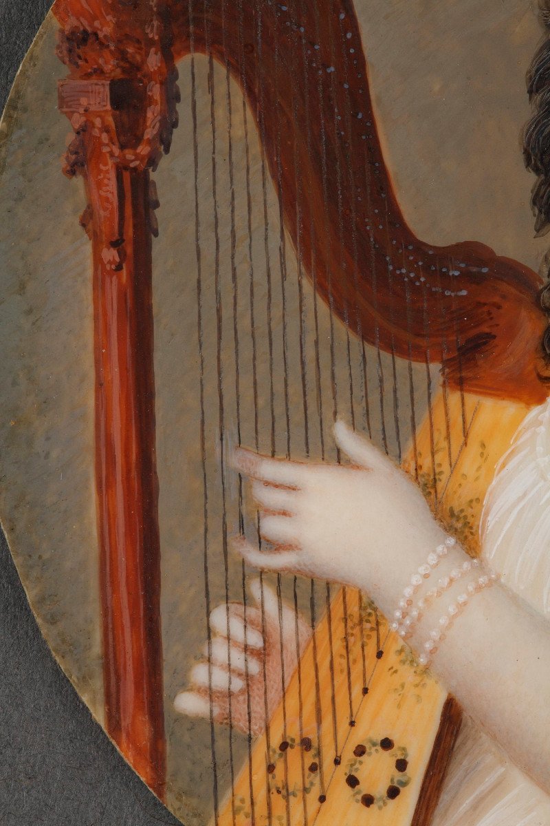 Miniature On Ivory "the Harpist". Circa 1800. -photo-2