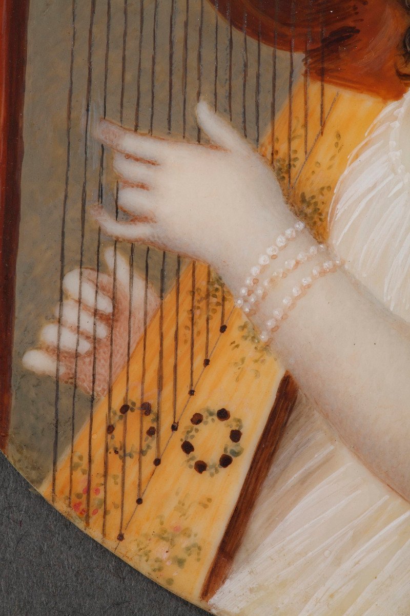 Miniature On Ivory "the Harpist". Circa 1800. -photo-8