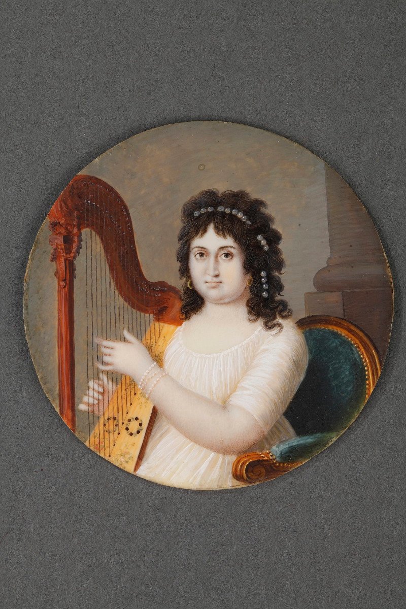 Miniature On Ivory "the Harpist". Circa 1800. 