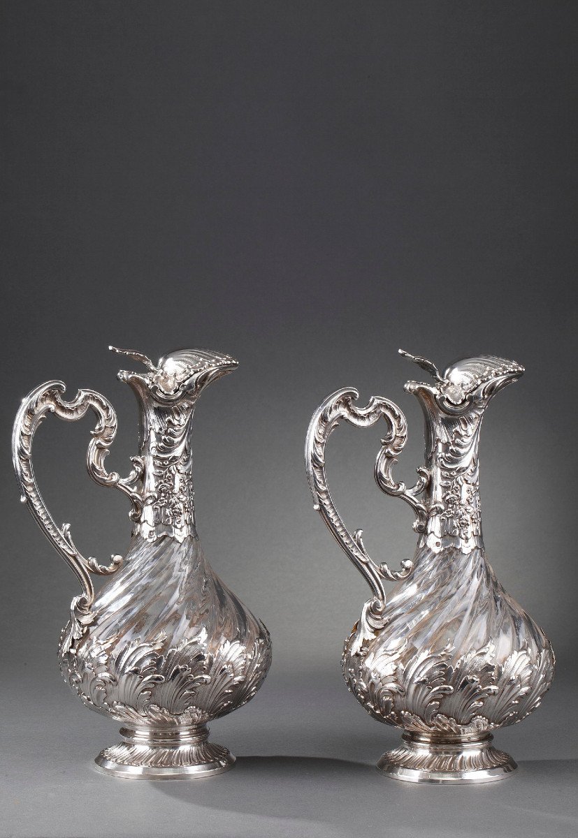 Late 19th Century Pair Of Ewers In Crystal And Silver Labat & Pugibet. -photo-2