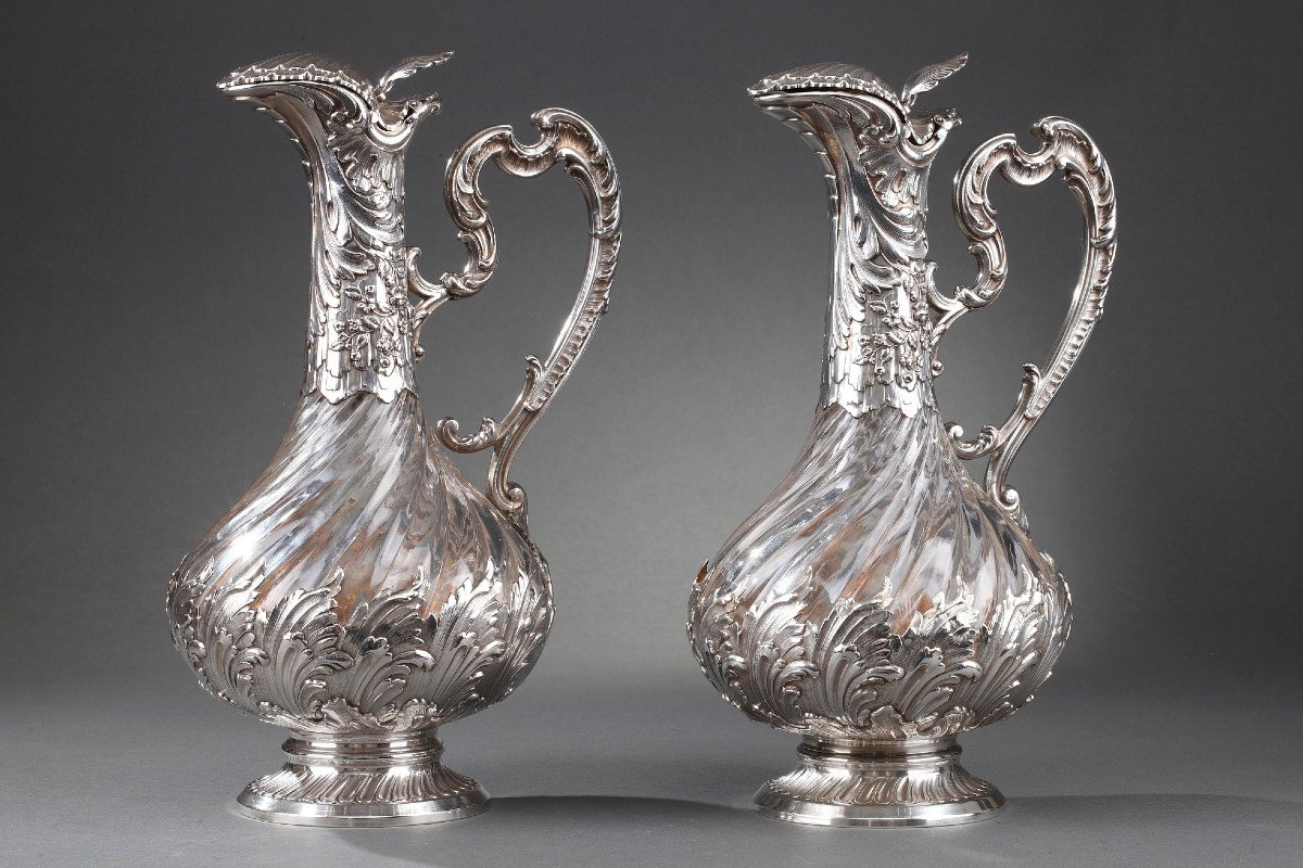 Late 19th Century Pair Of Ewers In Crystal And Silver Labat & Pugibet. -photo-3