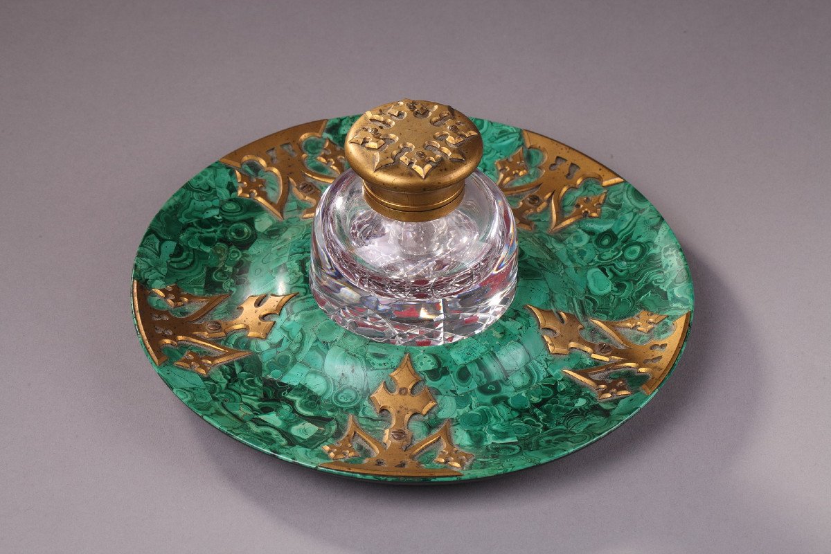 Encrier En Malachite, Cristal Et Bronze Doré. XIXème Siècle. 