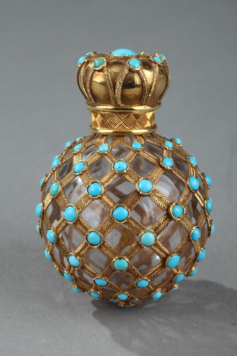 Gold, Crystal And Turquoise Perfume Flask. Restoration Period. -photo-3