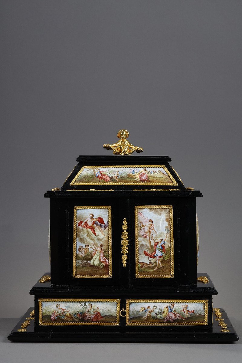 A 19th Century Autrian Ormolu And Enamel-mounted Black Wood Cabinet. 