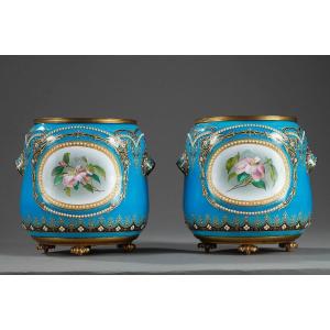 Pair Of Blue Bresse Enamel Jardiniere