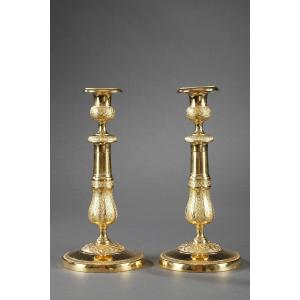Pair Of Ormolu Candlesticks With Palmette And Flowers