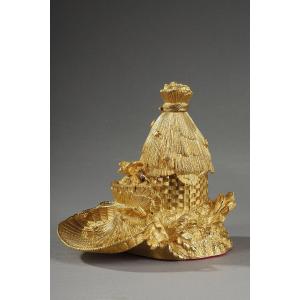 Rare Franc Macon Inkwell In Gilt Bronze In The Shape Of A Beehive From The 19th Century.