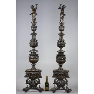 Pair Of Landiers Andirons In The Taste Of The Renaissance.