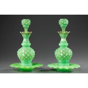 Pair Of Green Opaline Bottles, 19 Century