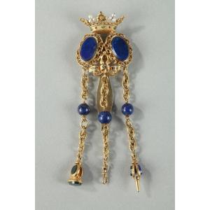 Chatelaine In Gold And Lapis Lazuli, Jasper, Email And Fine Stones