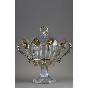 Jam Pot In Crystal And Silver And 12 Spoons From The 19th Century.