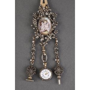 Chatelaine In Silver, Gold And Enamel, 19th Century