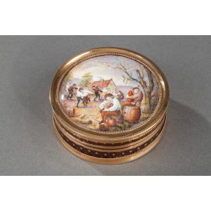 Boite en écaille et or, miniature scène flamande, du XVIII siècle