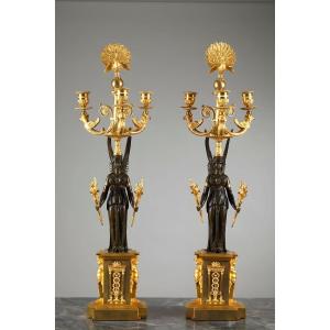 Pair Of Empire Period Candelabra With Peacocks And Winged Women 