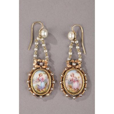 Pair Of Gold, Enamel, Pearl, And Mother-of-pearl Earrings – Napoleon III 