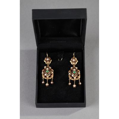 Pair Of Gold, Enamel, Pearl, And Emerald Earrings 