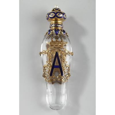 Crystal Flask With Enameled Gold Mounts. Late 19th Century Work.