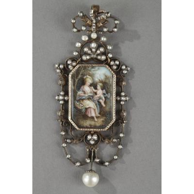 Pendentif Vermeil, Argent, Perles Et Miniature Sur Ivoire. Napoléon III. 