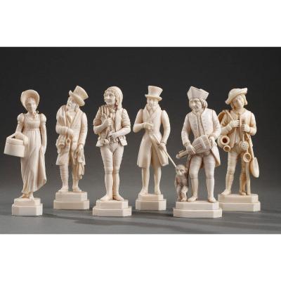 Set Of Six French Carved Ivory Figures. Signed Migeon. 