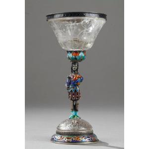 19th Century Austrian Rock Crystal, Silver And Enamel Cup By S.grünwald. 