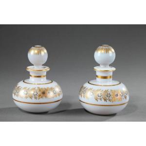 A Pair Of White Opaline Crystal Flask. Restauration Period. 