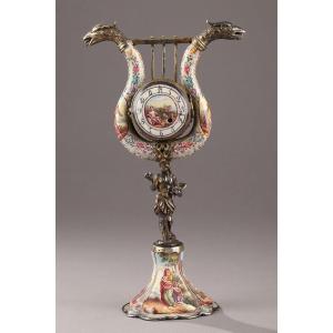 Silver And Enamel Clock – 19th Century Vienna. 