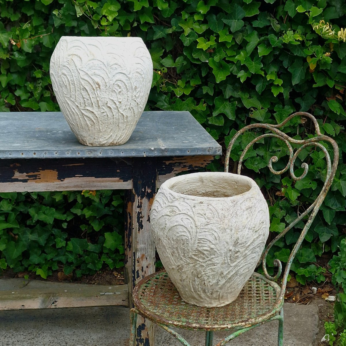 Pair Of White Cast Stone Planters-photo-6