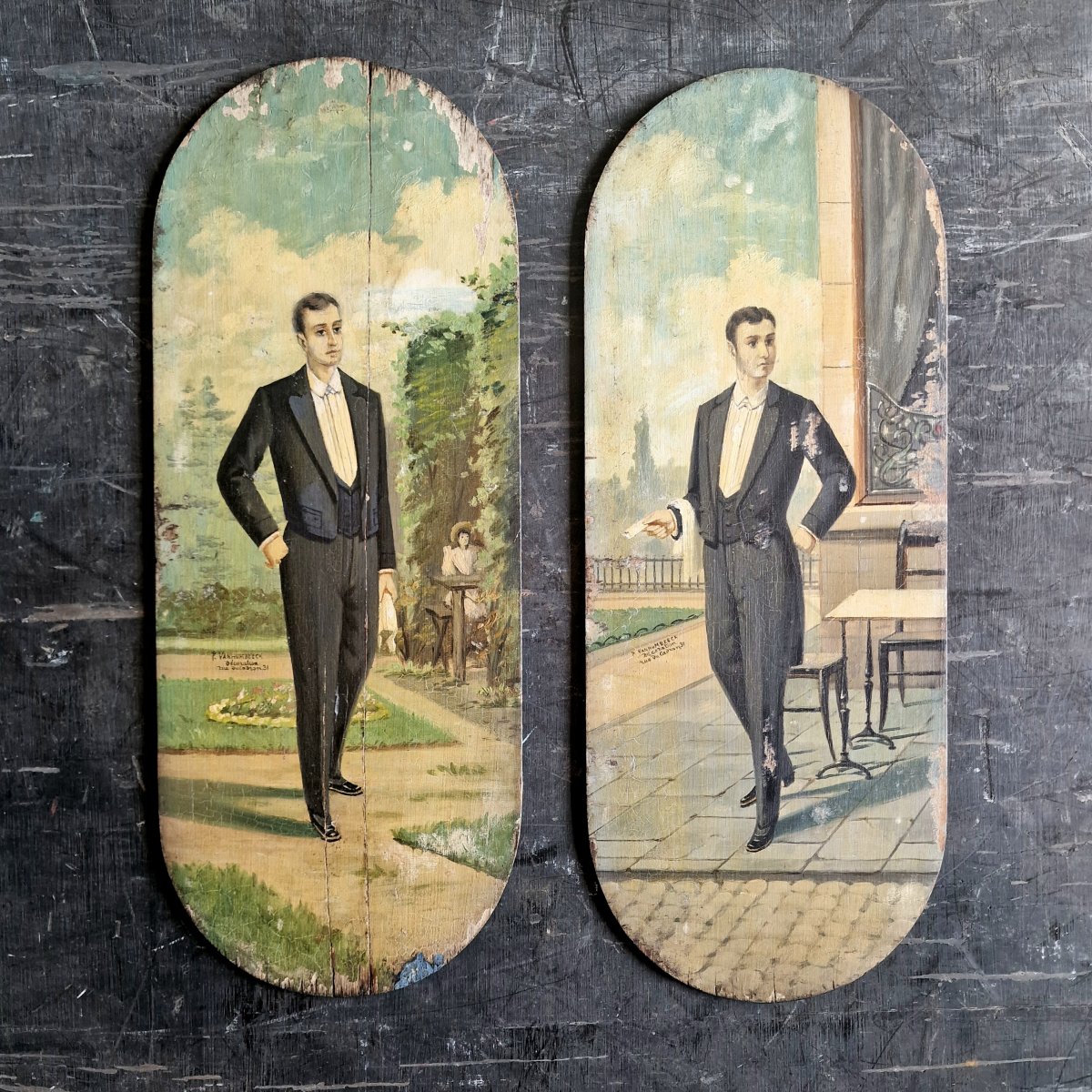 Paire de peintures sur bois fin 19ième-photo-2