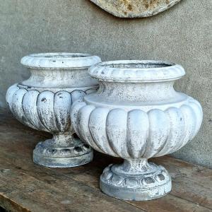 Pair Of Enameled Cast Iron Planters