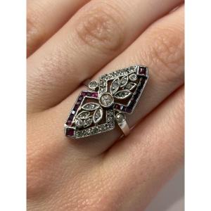 Bague marquise Art déco or diamants et rubis