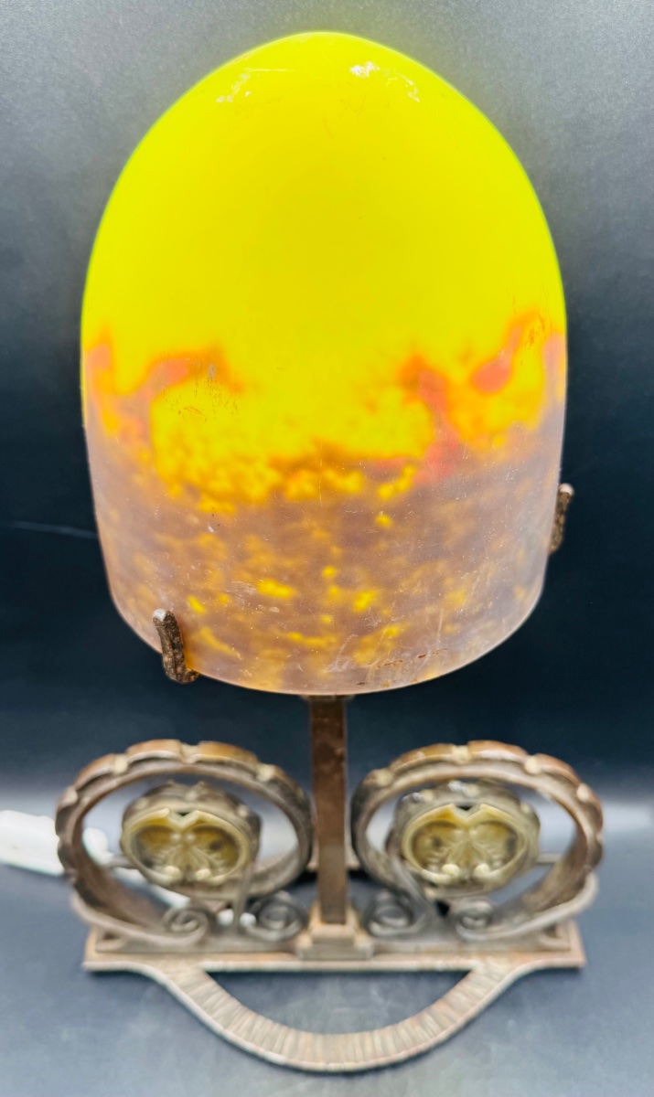 Art Deco Lamp In Wrought Iron, Bronze, And Marble-effect Glass—in The Style Of Brandt Or Zadounaisky-photo-2