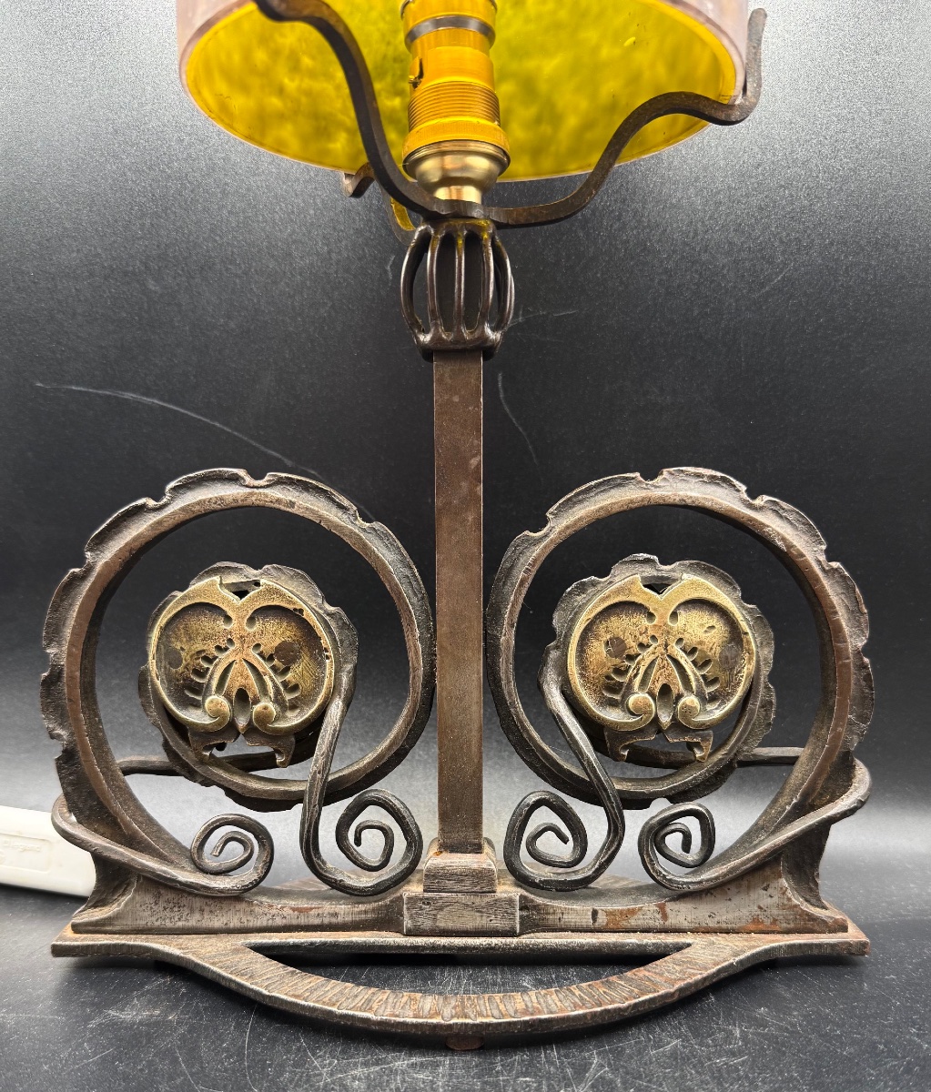 Art Deco Lamp In Wrought Iron, Bronze, And Marble-effect Glass—in The Style Of Brandt Or Zadounaisky-photo-3