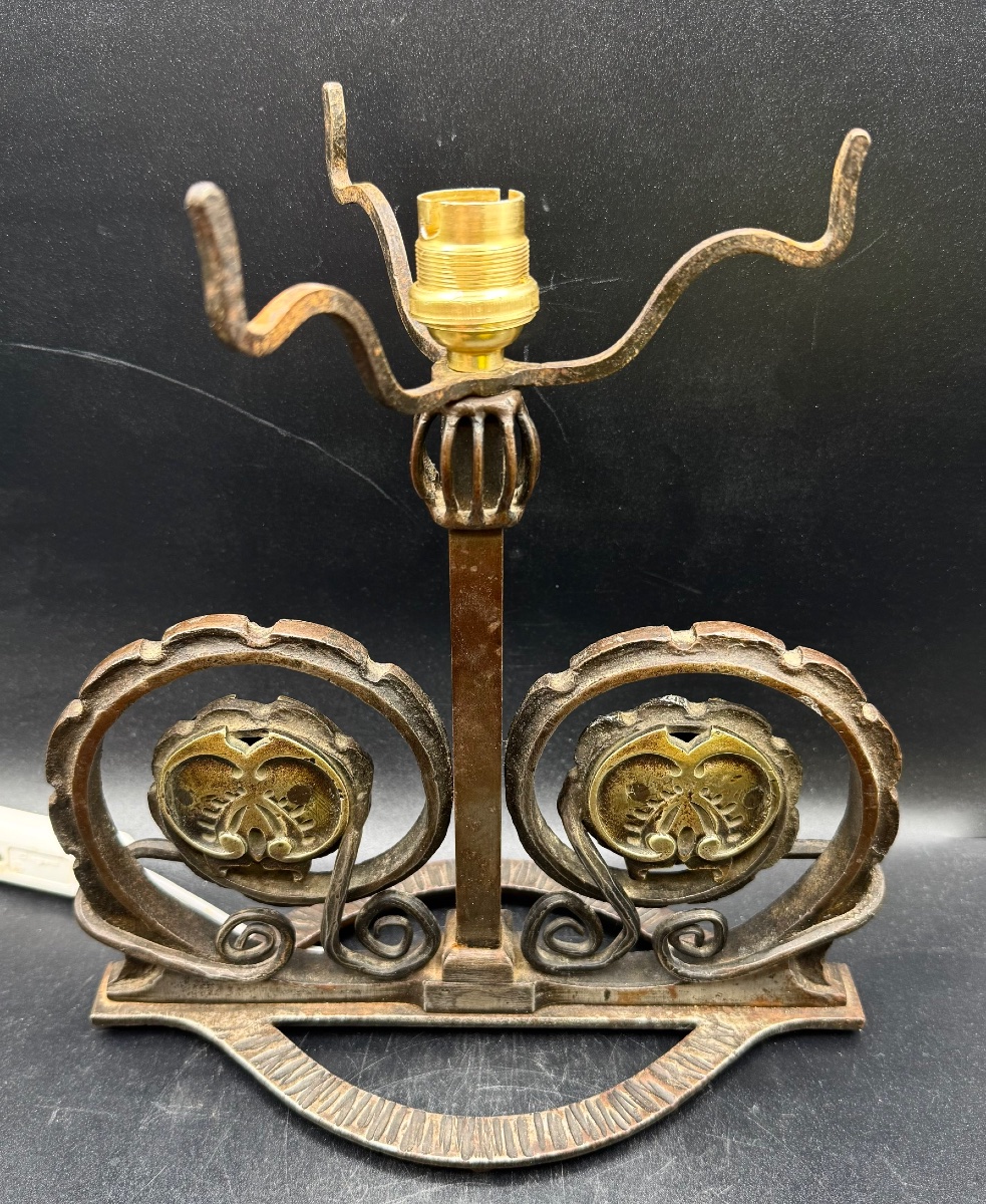 Art Deco Lamp In Wrought Iron, Bronze, And Marble-effect Glass—in The Style Of Brandt Or Zadounaisky-photo-2