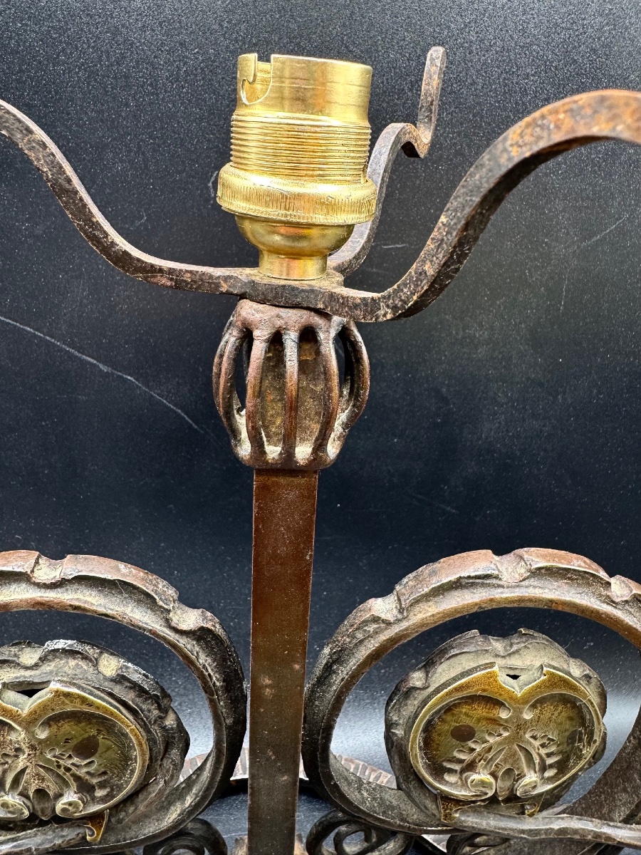 Art Deco Lamp In Wrought Iron, Bronze, And Marble-effect Glass—in The Style Of Brandt Or Zadounaisky-photo-4