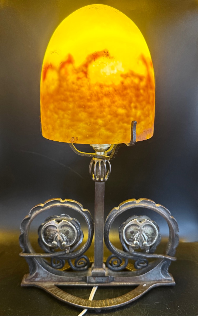 Art Deco Lamp In Wrought Iron, Bronze, And Marble-effect Glass—in The Style Of Brandt Or Zadounaisky-photo-6