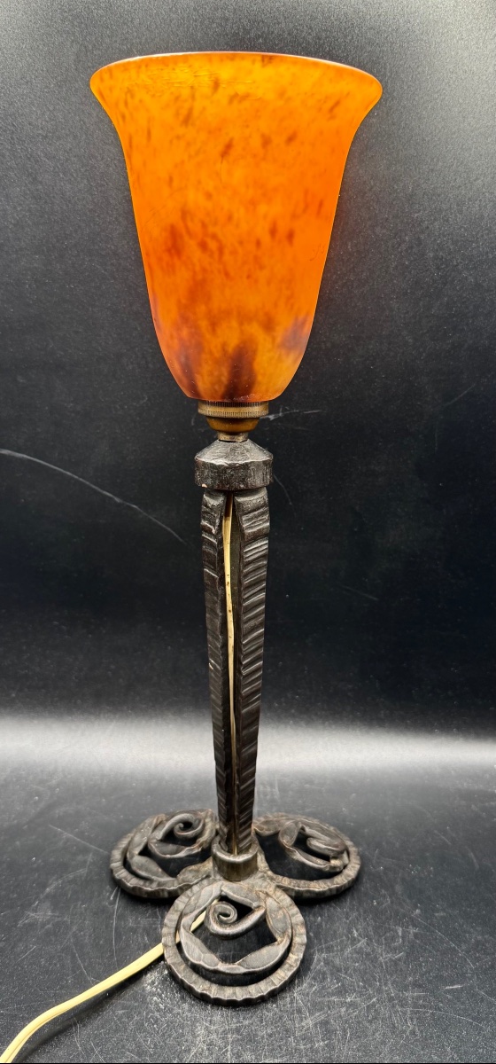 Daum # Nancy - Vintage Art Deco Lamp - Wrought Iron And Marbled Glass Tulip Shade-photo-2