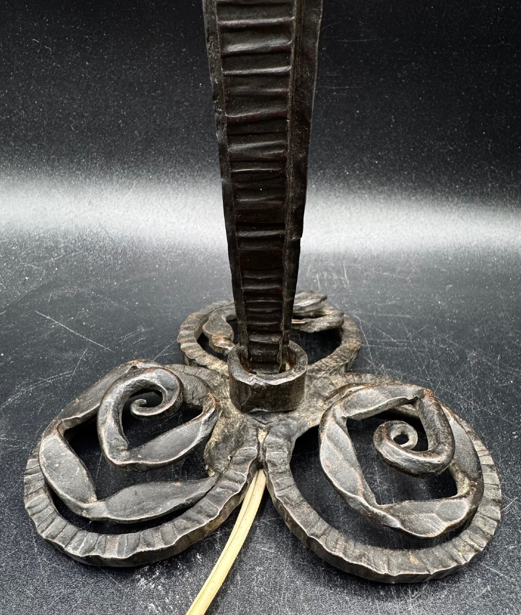 Daum # Nancy - Vintage Art Deco Lamp - Wrought Iron And Marbled Glass Tulip Shade-photo-3