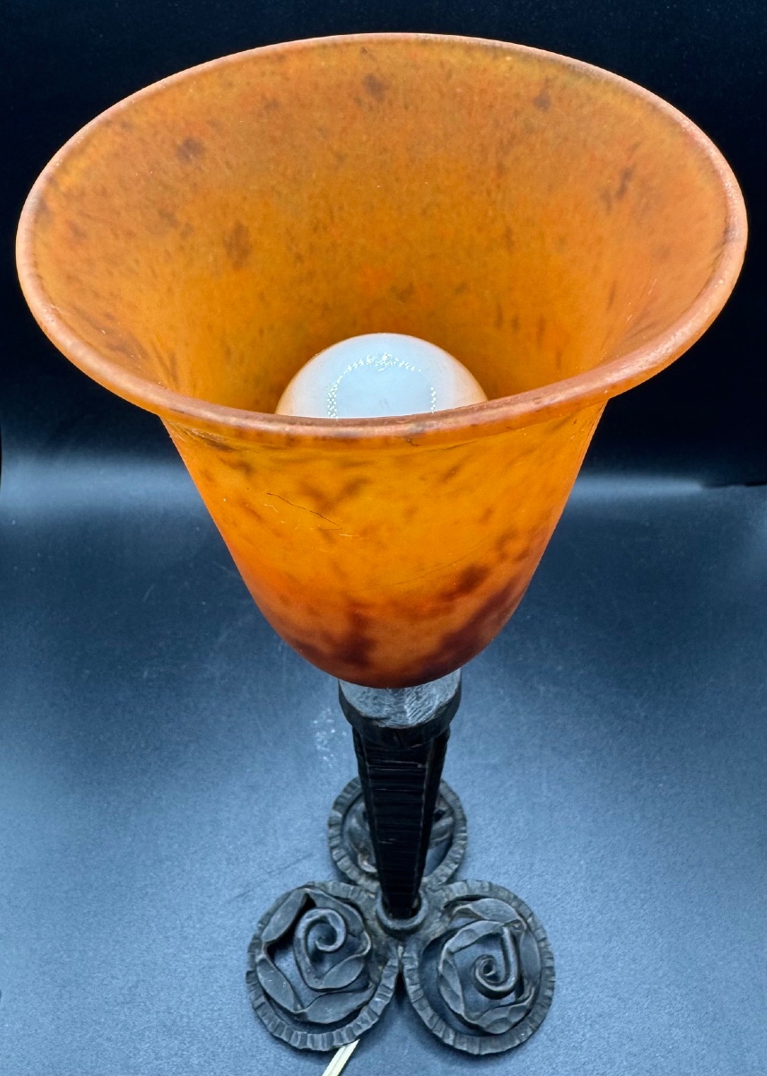 Daum # Nancy - Vintage Art Deco Lamp - Wrought Iron And Marbled Glass Tulip Shade-photo-2