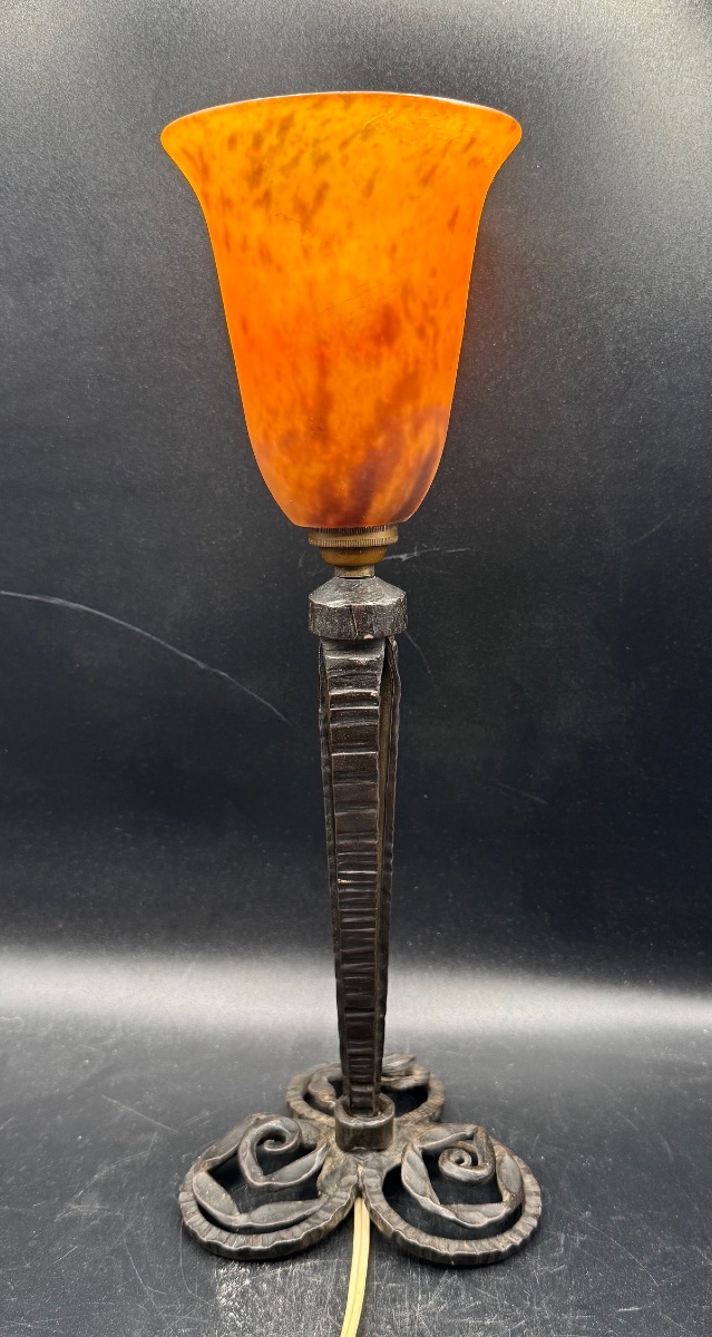 Daum # Nancy - Vintage Art Deco Lamp - Wrought Iron And Marbled Glass Tulip Shade