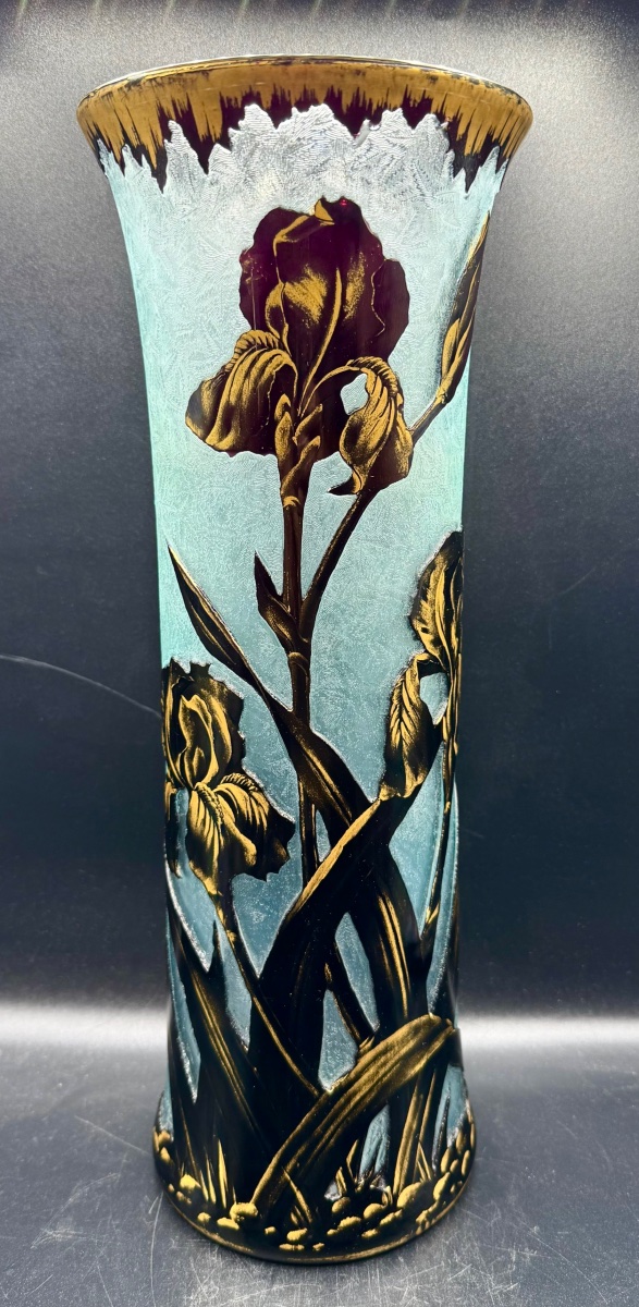 Baccarat - Large Multilayered Crystal Vase With Acid-etched Iris Design - Circa 1900