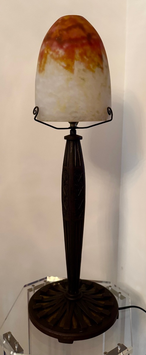 Daum Nancy - Large Lamp In Wrought Iron, Brass, And Marble-effect Glass-photo-2
