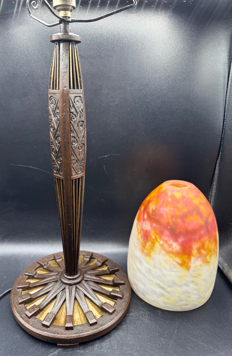 Daum Nancy - Large Lamp In Wrought Iron, Brass, And Marble-effect Glass-photo-2