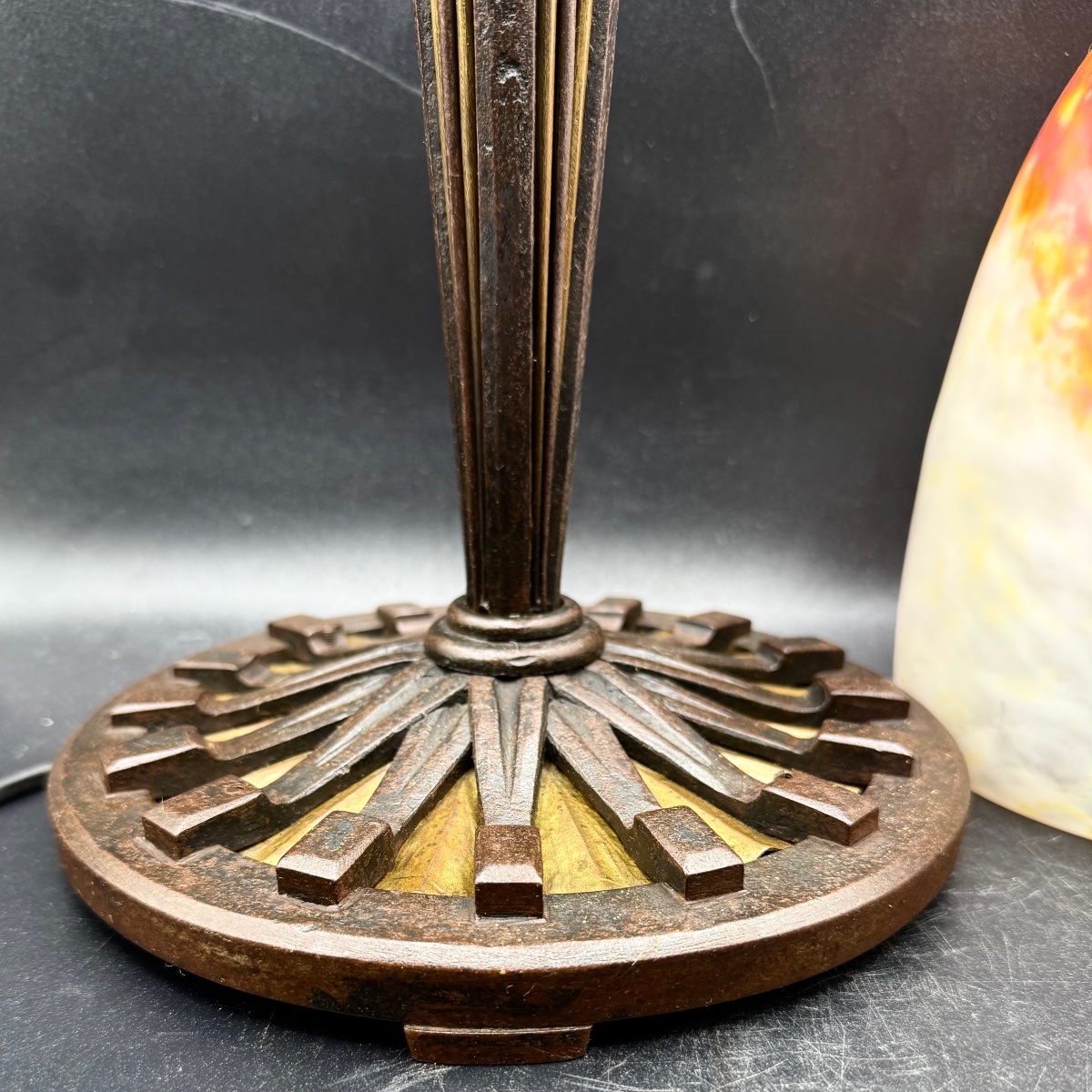 Daum Nancy - Large Lamp In Wrought Iron, Brass, And Marble-effect Glass-photo-3
