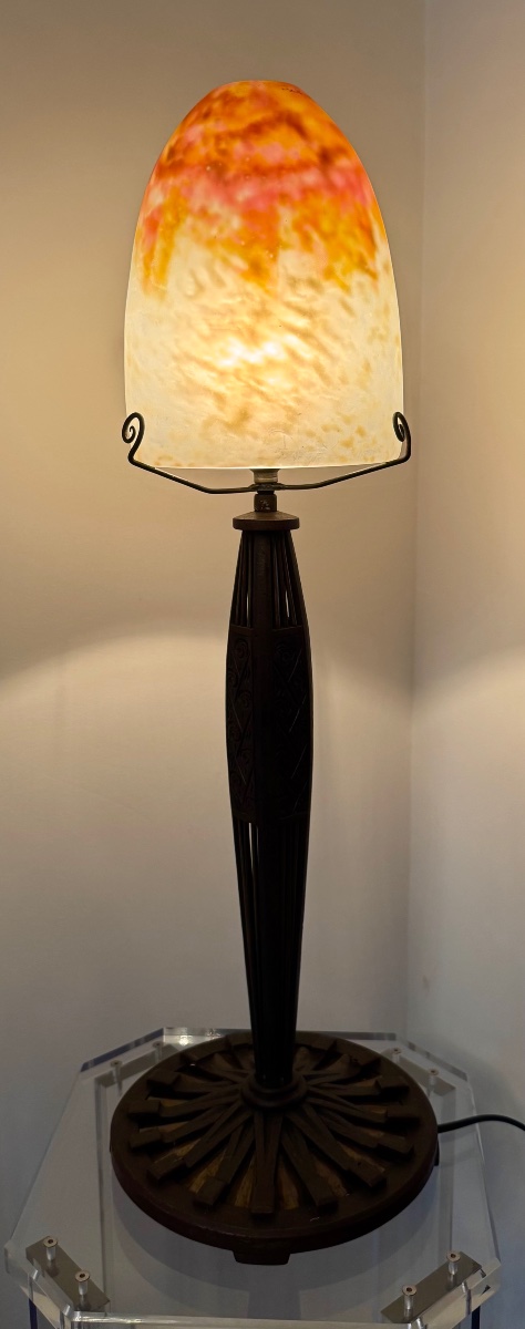 Daum Nancy - Large Lamp In Wrought Iron, Brass, And Marble-effect Glass