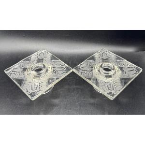 LALIQUE France - Paire de bougeoirs modèle Chantilly
