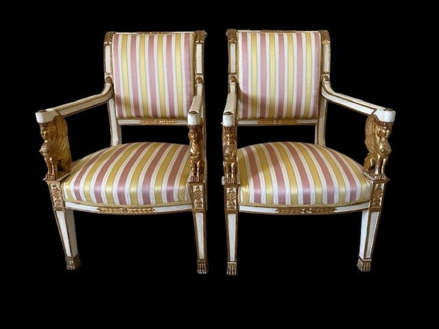 Lacquered And Gilt Empire Sofa And Two Armchairs-photo-3