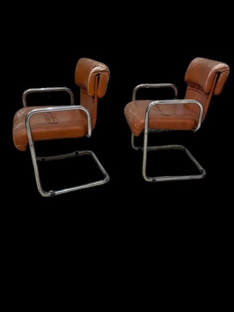 Pair Of Vintage Leather And Steel Armchairs-photo-3