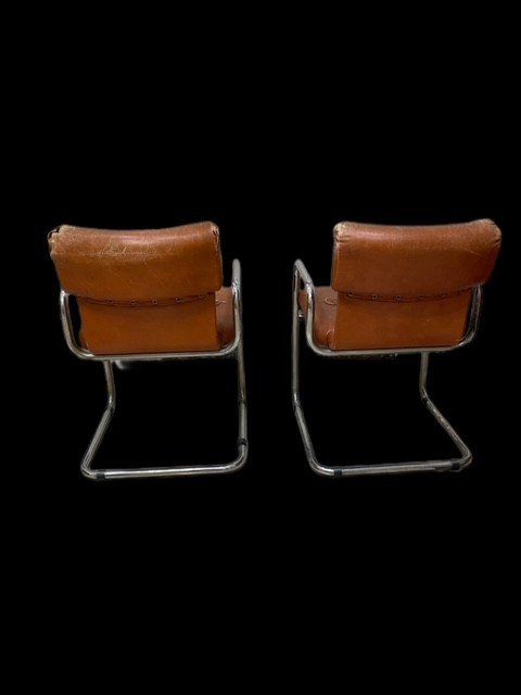Pair Of Vintage Leather And Steel Armchairs-photo-4