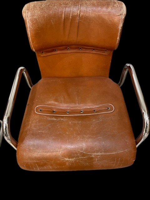 Paire De Fauteuils Vintage En Cuir Et Acier-photo-3